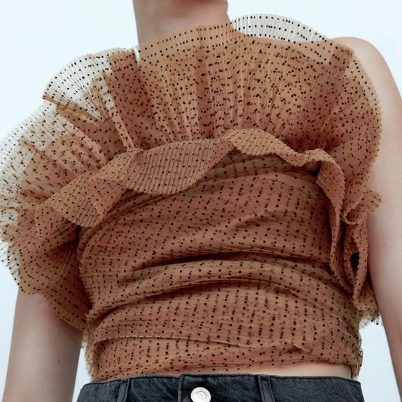 NWT Zara polka dot & pink / tan tulle crop top, M - Picture 4 of 9